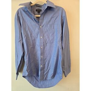 Lands' End Mens 15½-34 Tailored Fit No‎ Iron Pinpoint Oxford Dress Shirt Blue